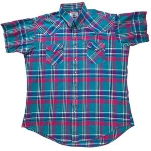 Ruddock Shirts Mens 19 Tall Western Pearl Snap Plaid Short‎ Sleeve Made in USA